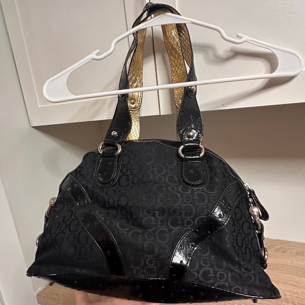 VTG GUESS Y2K Ostrich Print Shoulder Bag Black Patent Leather Indie Sleaze Glam - Picture 2 of 14